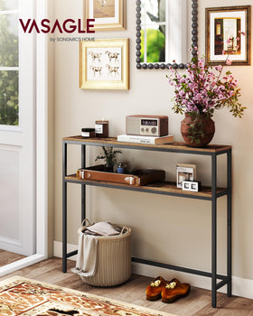 Close-up of the two shelves on the VASAGLE console table for organized daily items