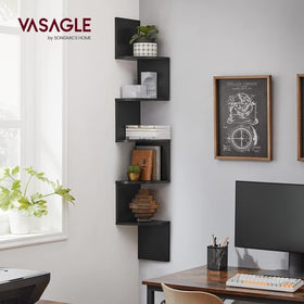VASAGLE 5-tier floating shelf saves floor space while displaying books and plants.
