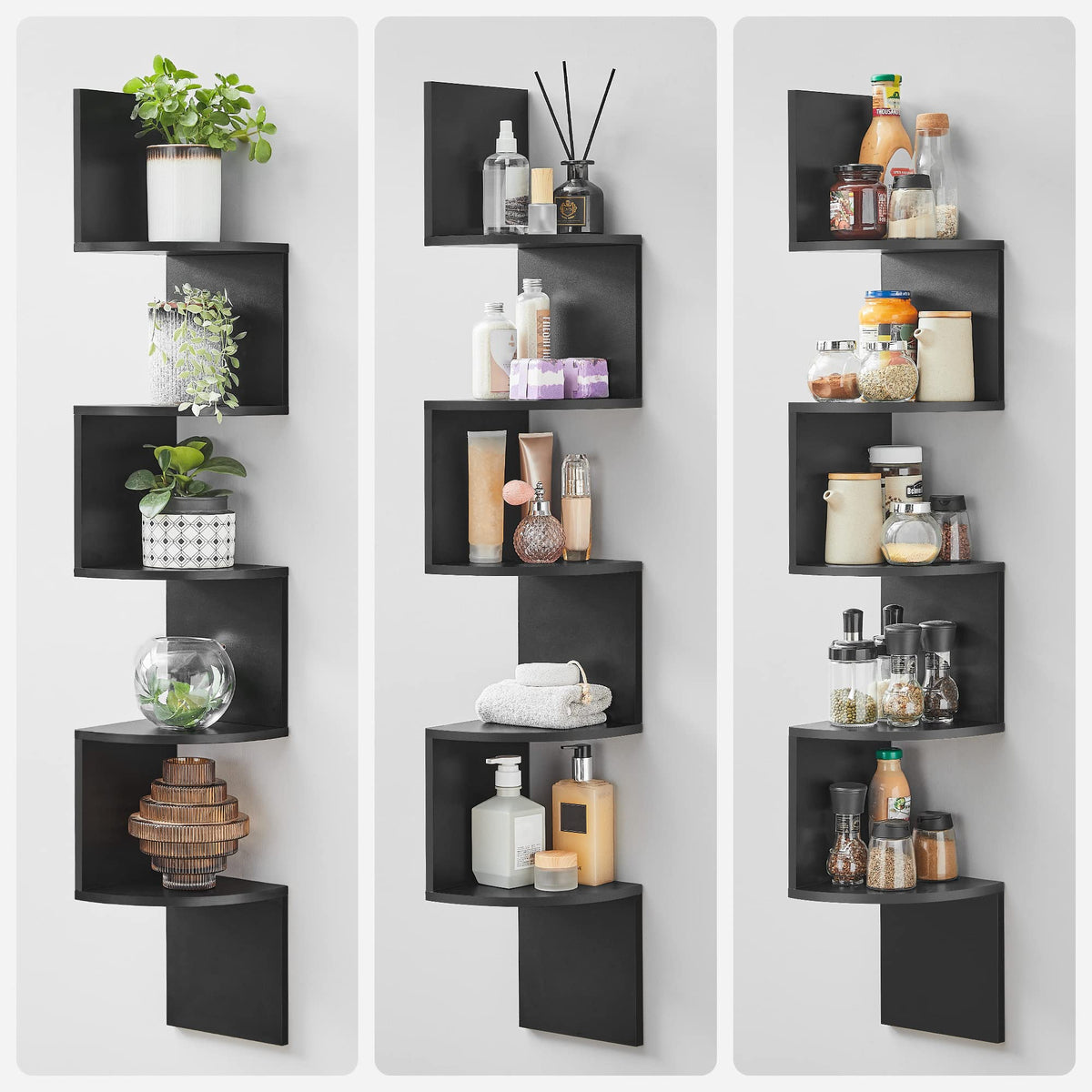 VASAGLE corner shelf display space for decor, books, and everyday items.