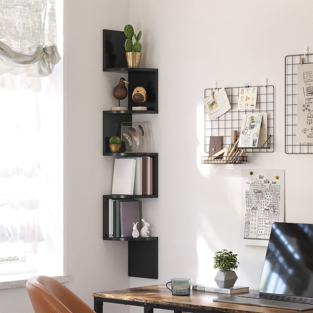 VASAGLE corner shelf compact footprint blends into corners for hidden storage and display.