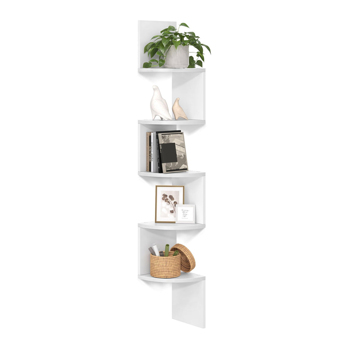 VASAGLE Corner Shelf wall mount 5-tier white maximizes wall space for stylish storage.