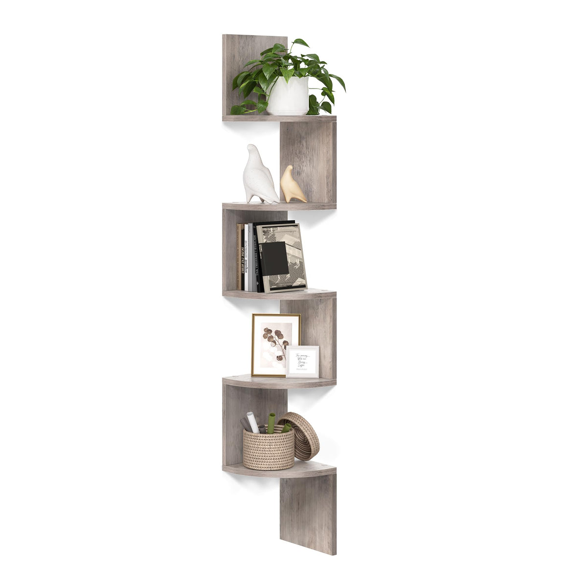 VASAGLE corner shelf with zigzag design adds rustic charm and space-saving display.