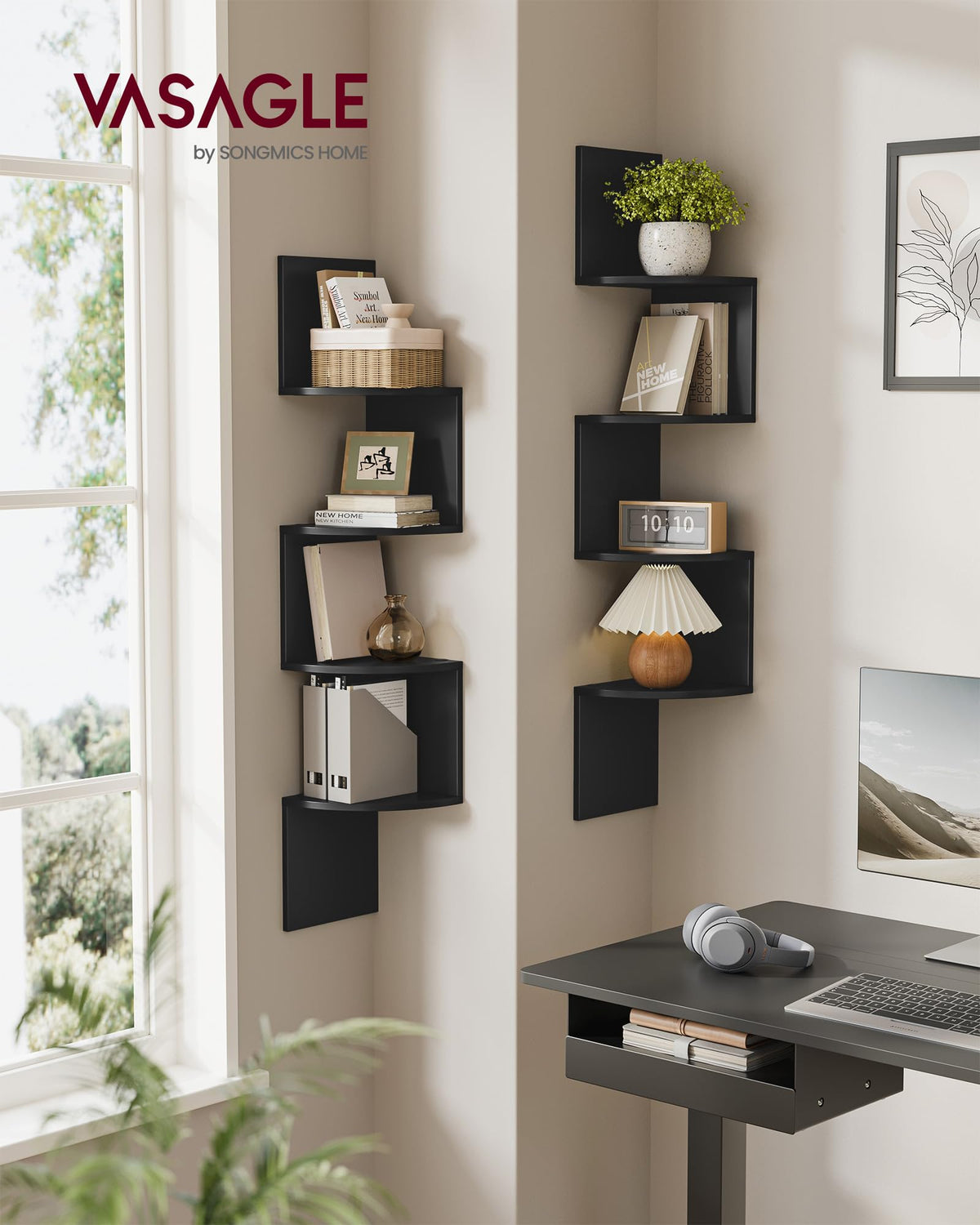 VASAGLE corner shelves angled view in ink black for versatile mounting