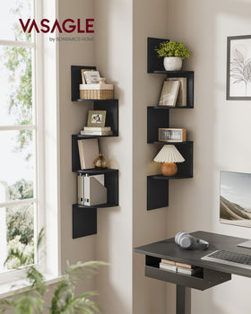 VASAGLE corner shelves angled view in ink black for versatile mounting
