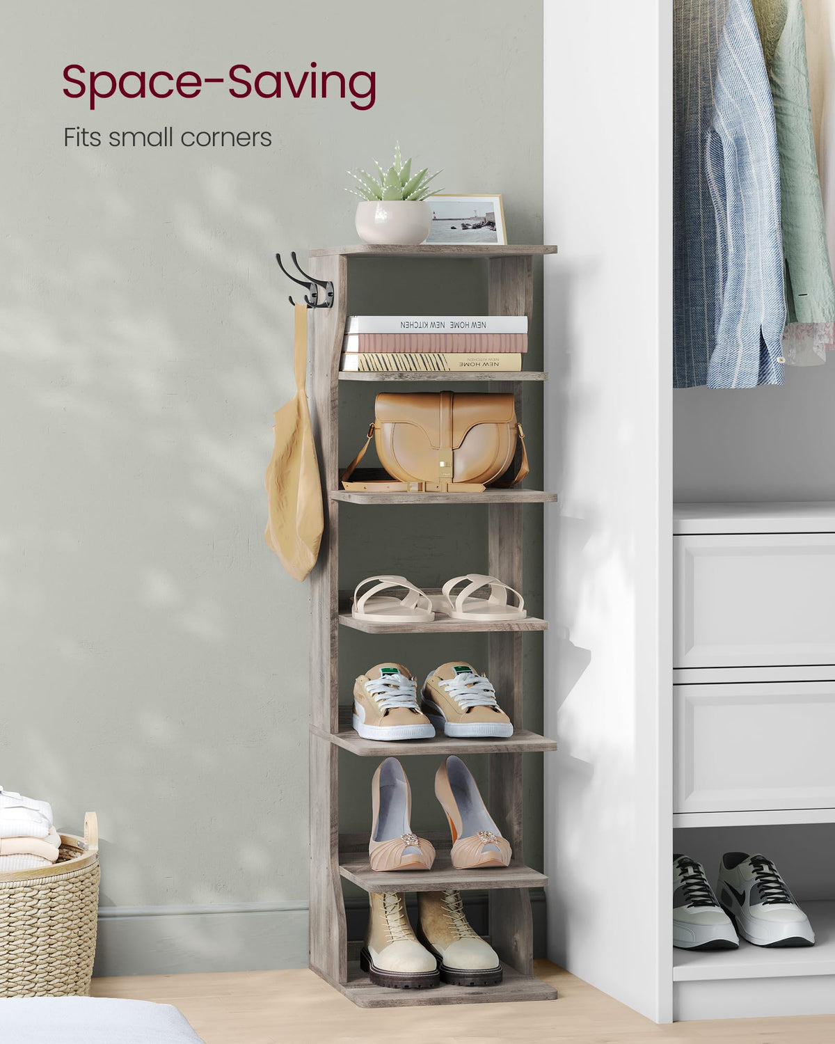 VASAGLE corner slim shoe shelf accommodates tall shoes with generous clearance.