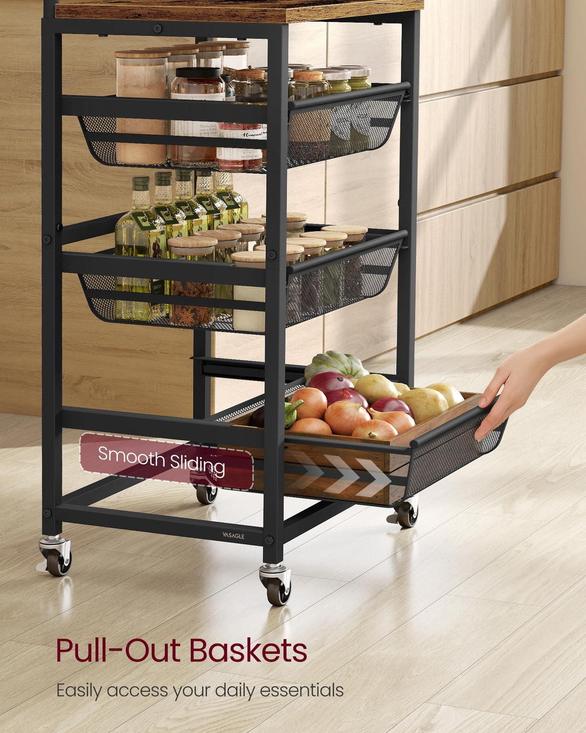 VASAGLE curved-handle cart with four wheels for easy mobility.