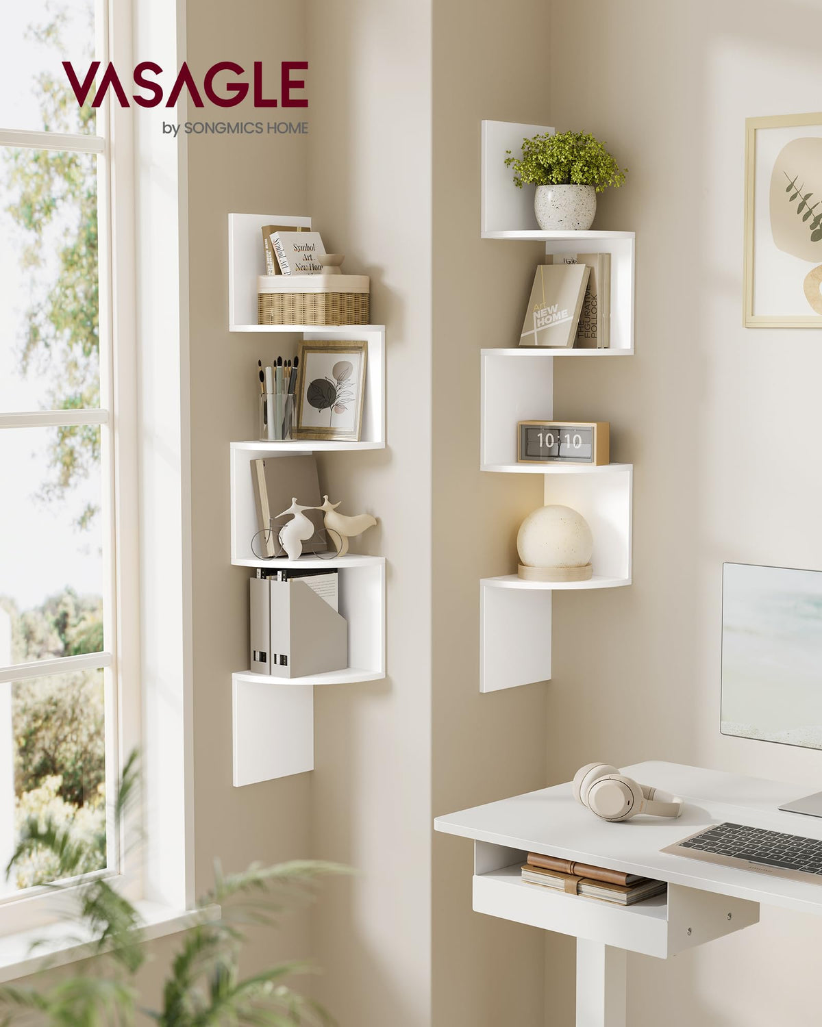 VASAGLE curved floating corner shelves mounted in corner for clutter-free decor