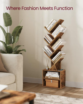 VASAGLE Custos tree bookshelf assembly instruction close-up demonstrating tool-free setup