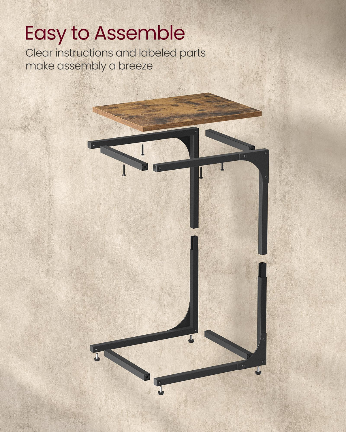 VASAGLE easy-assembly end table shown with labeled parts for quick setup