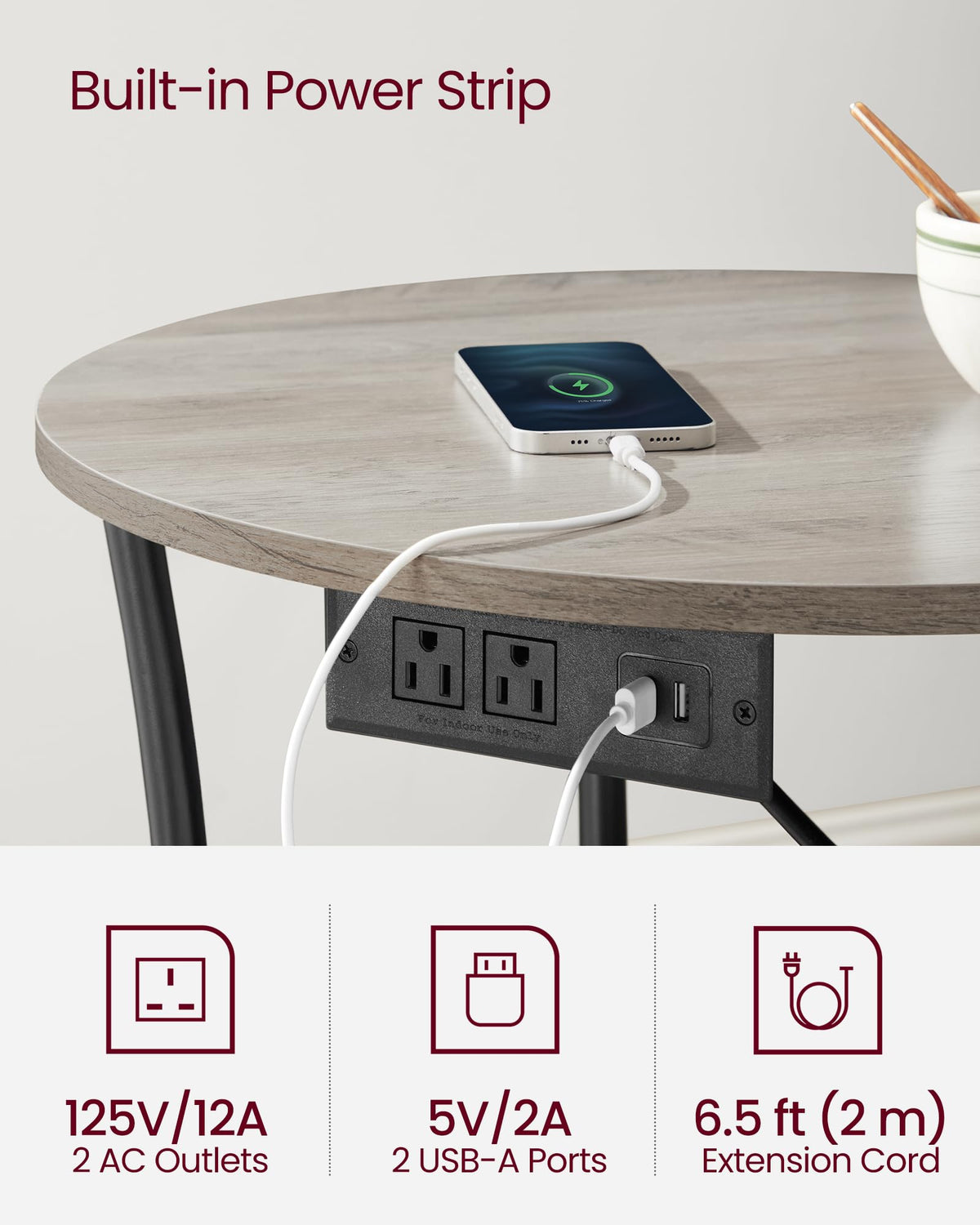 VASAGLE end table with built-in power outlets and USB ports for charging devices.