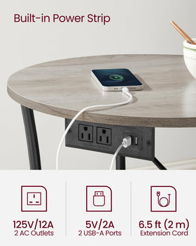 VASAGLE end table with built-in power outlets and USB ports for charging devices.