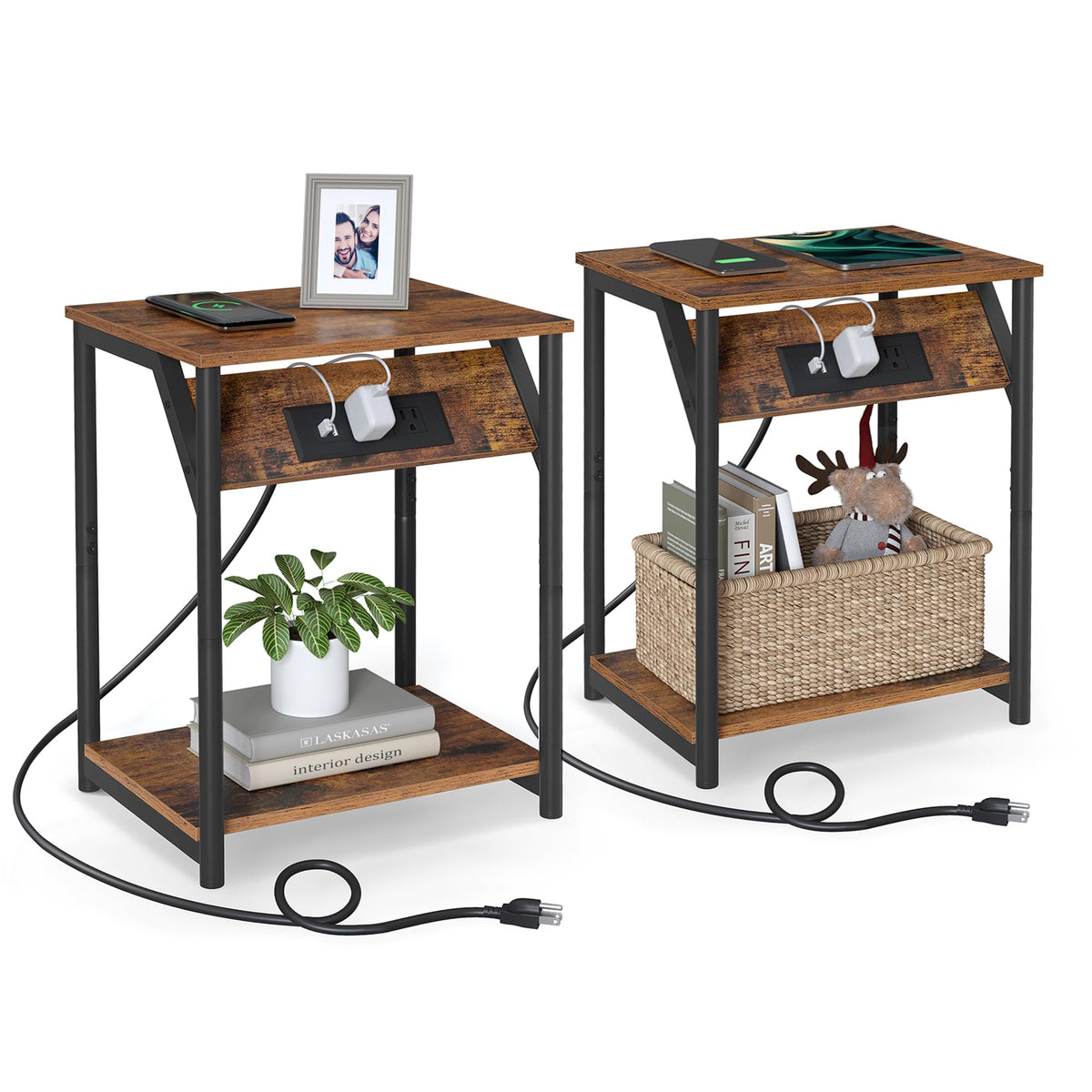 VASAGLE end table with charging station showing two outlets and USB ports for convenient charging