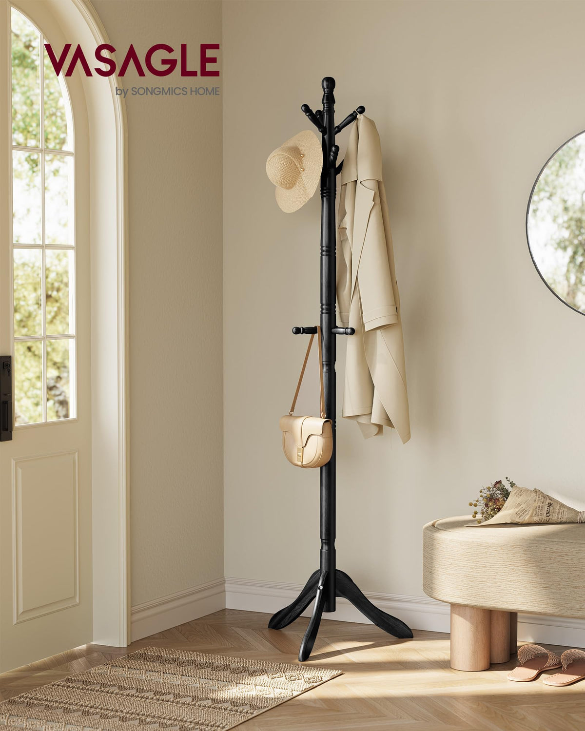VASAGLE free-standing hall coat tree with 10 hooks, ideal for hats, coats, and bags.