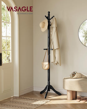 VASAGLE free-standing hall coat tree with 10 hooks, ideal for hats, coats, and bags.