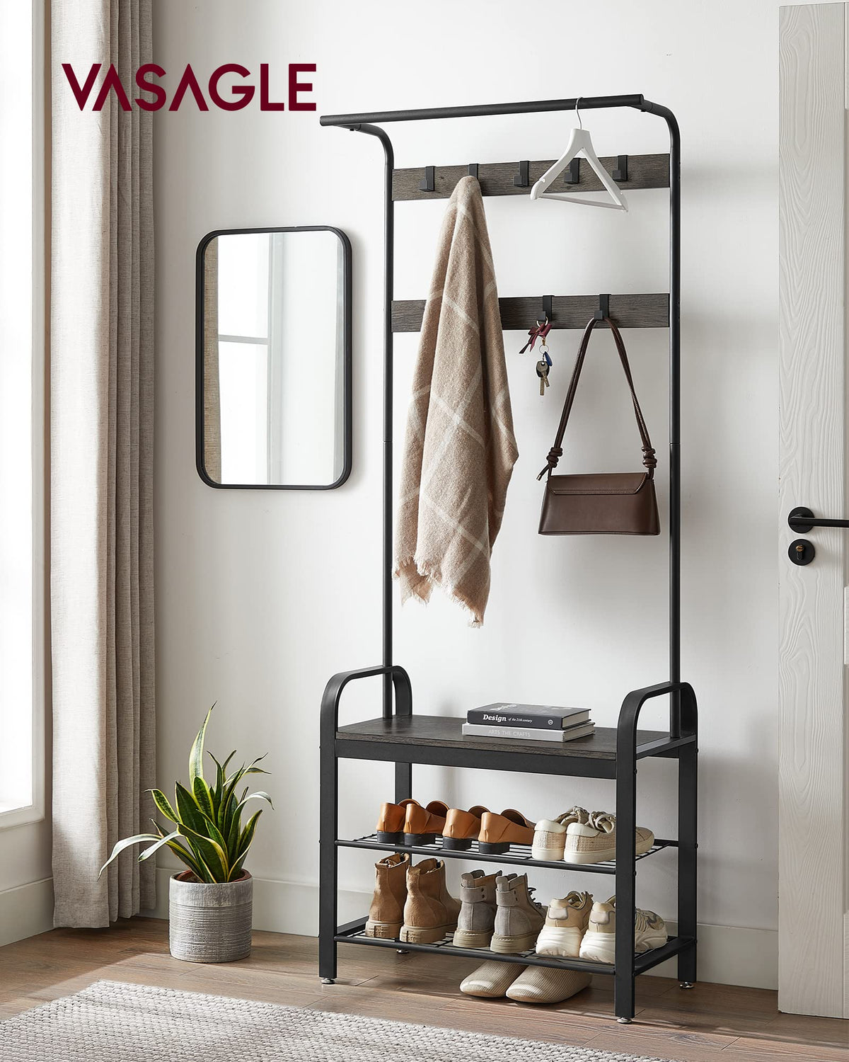 VASAGLE hall tree with coat rack side view showcasing sturdy frame.