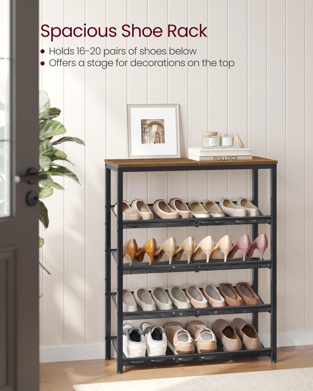 VASAGLE industrial-style entryway shoe rack in honey brown and black tones