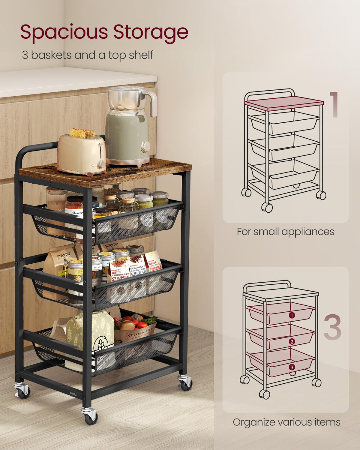 VASAGLE kitchen cart with brakes enables secure positioning.