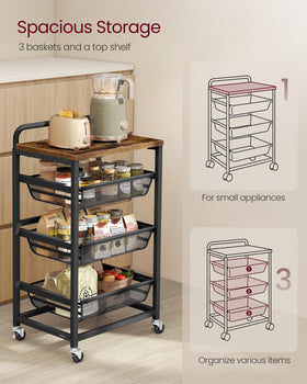 VASAGLE kitchen cart with brakes enables secure positioning.