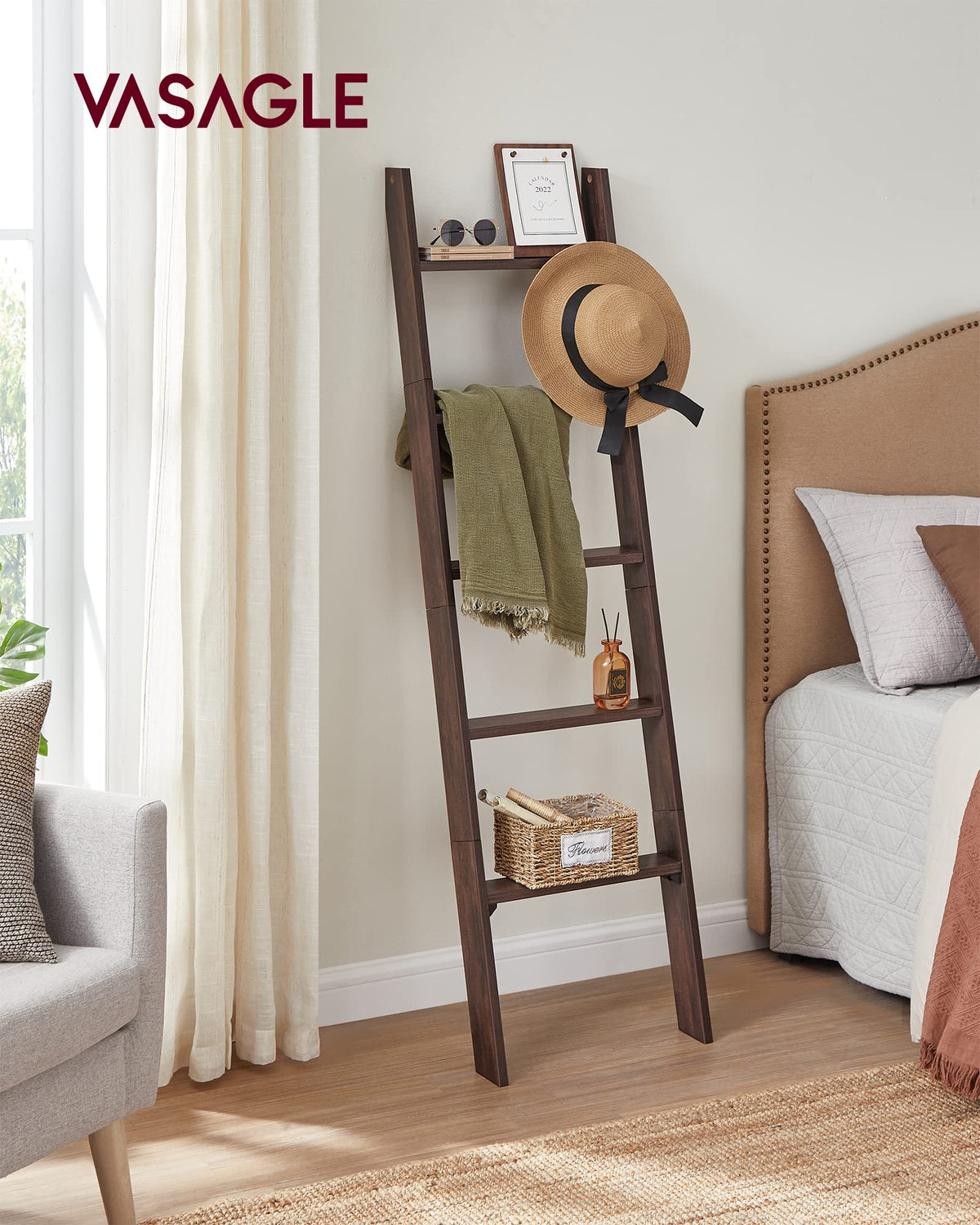 VASAGLE ladder-shelf-5-tier rustic-finish for organizing cosmetics and toiletries.