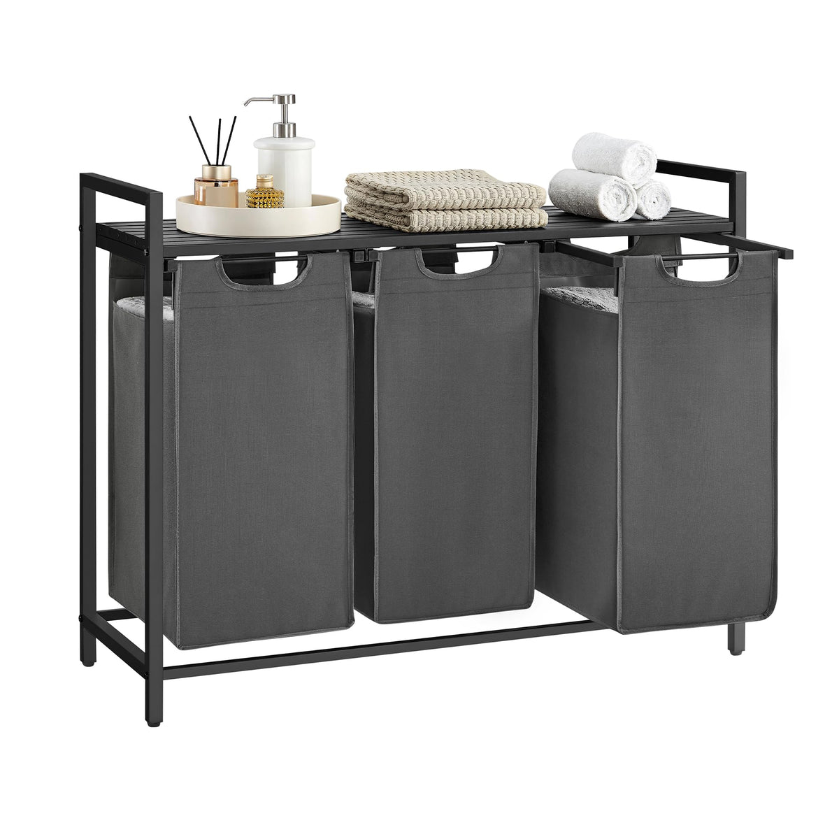 VASAGLE laundry hamper front view with three compartments for organized sorting