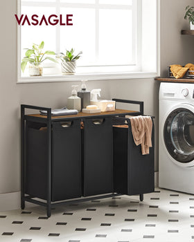 VASAGLE laundry hamper three compartments helps sort clothes efficiently before washing.