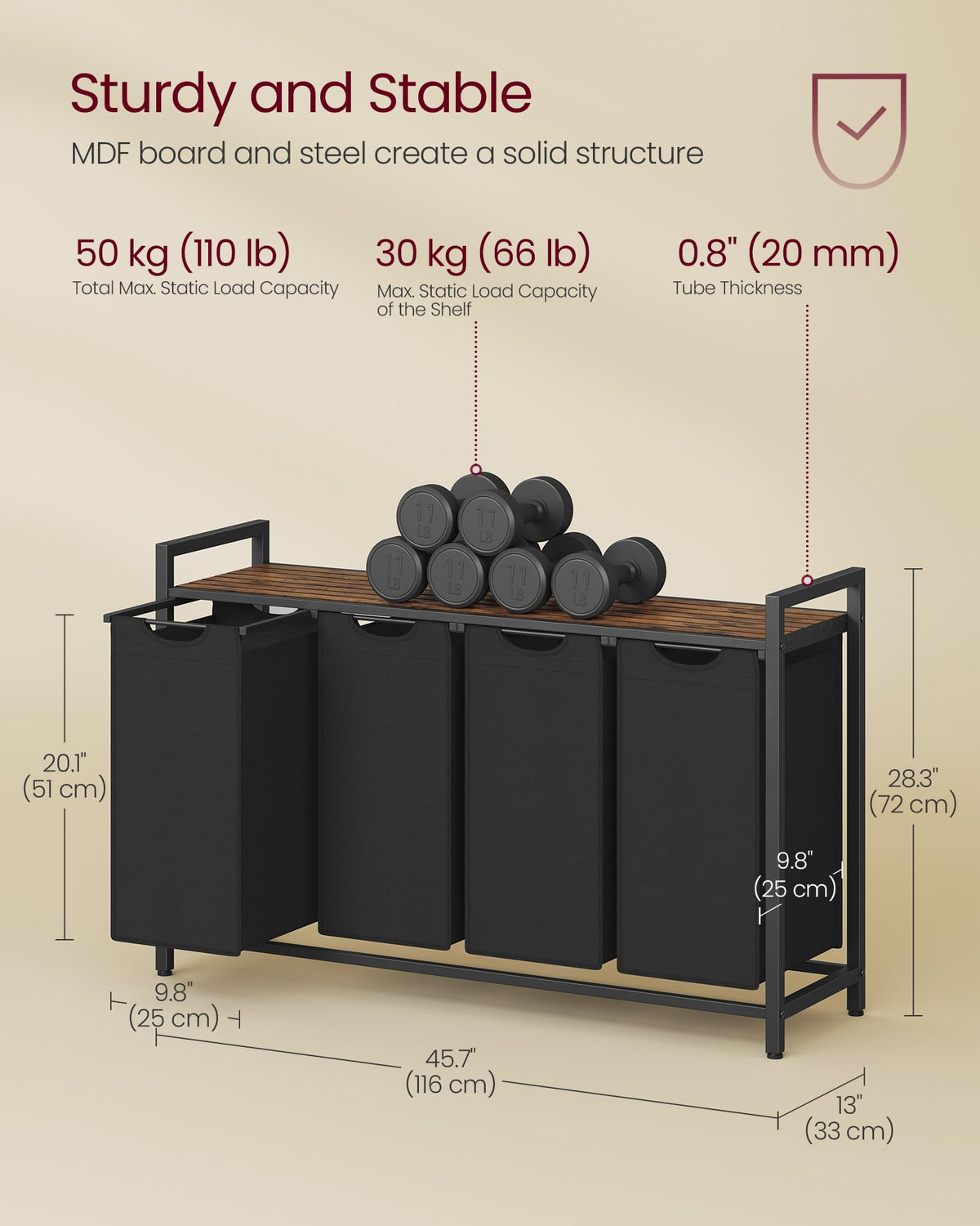 VASAGLE adjustable feet keep the unit steady on uneven floors.