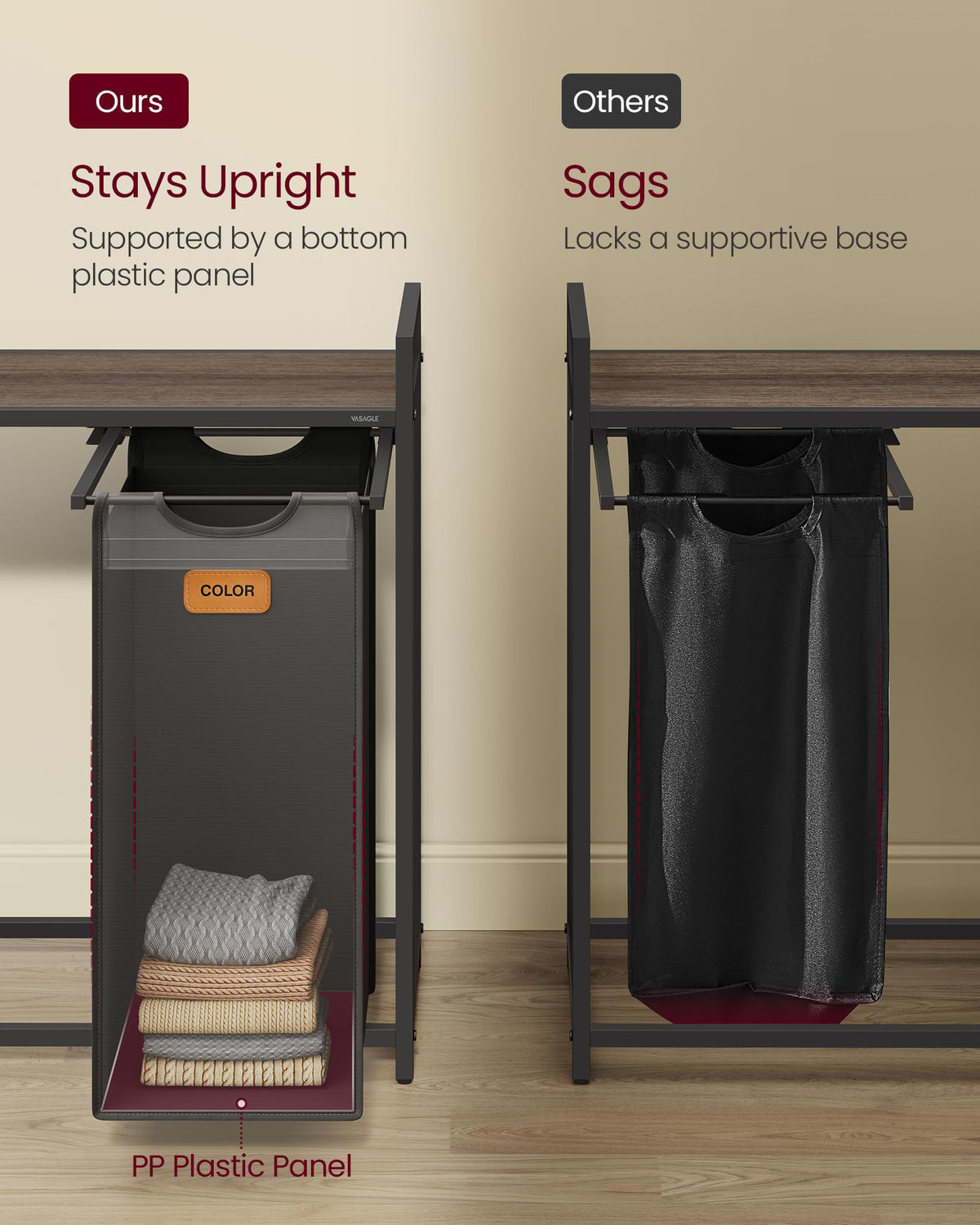 VASAGLE side pockets hold small items and accessories for quick laundry prep.