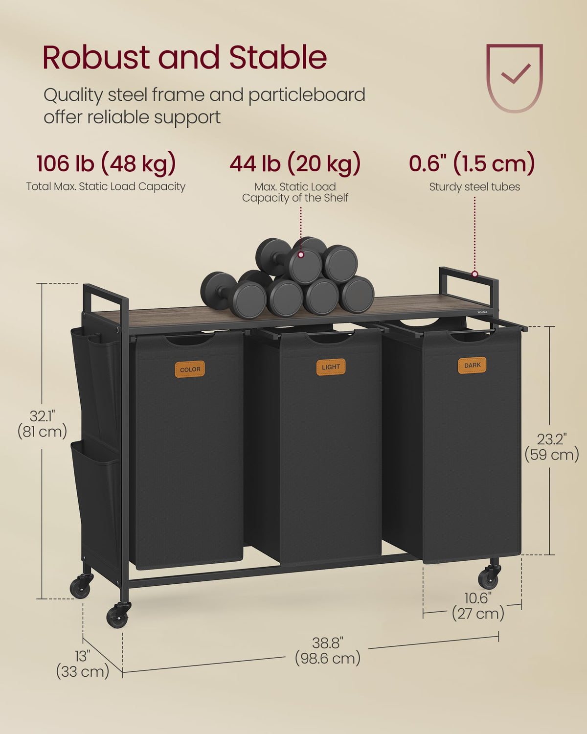 VASAGLE sturdy frame with powder-coated metal and water-resistant fabric endures daily use.