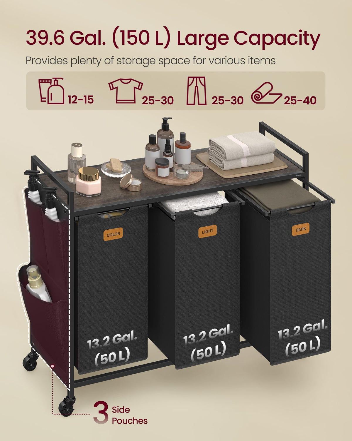 VASAGLE laundry cart wheels demonstrate smooth mobility with brake-enabled stability.