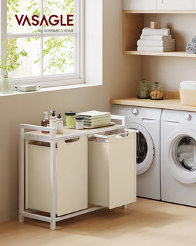 VASAGLE laundry hamper front view highlights dual compartments for easy sorting.