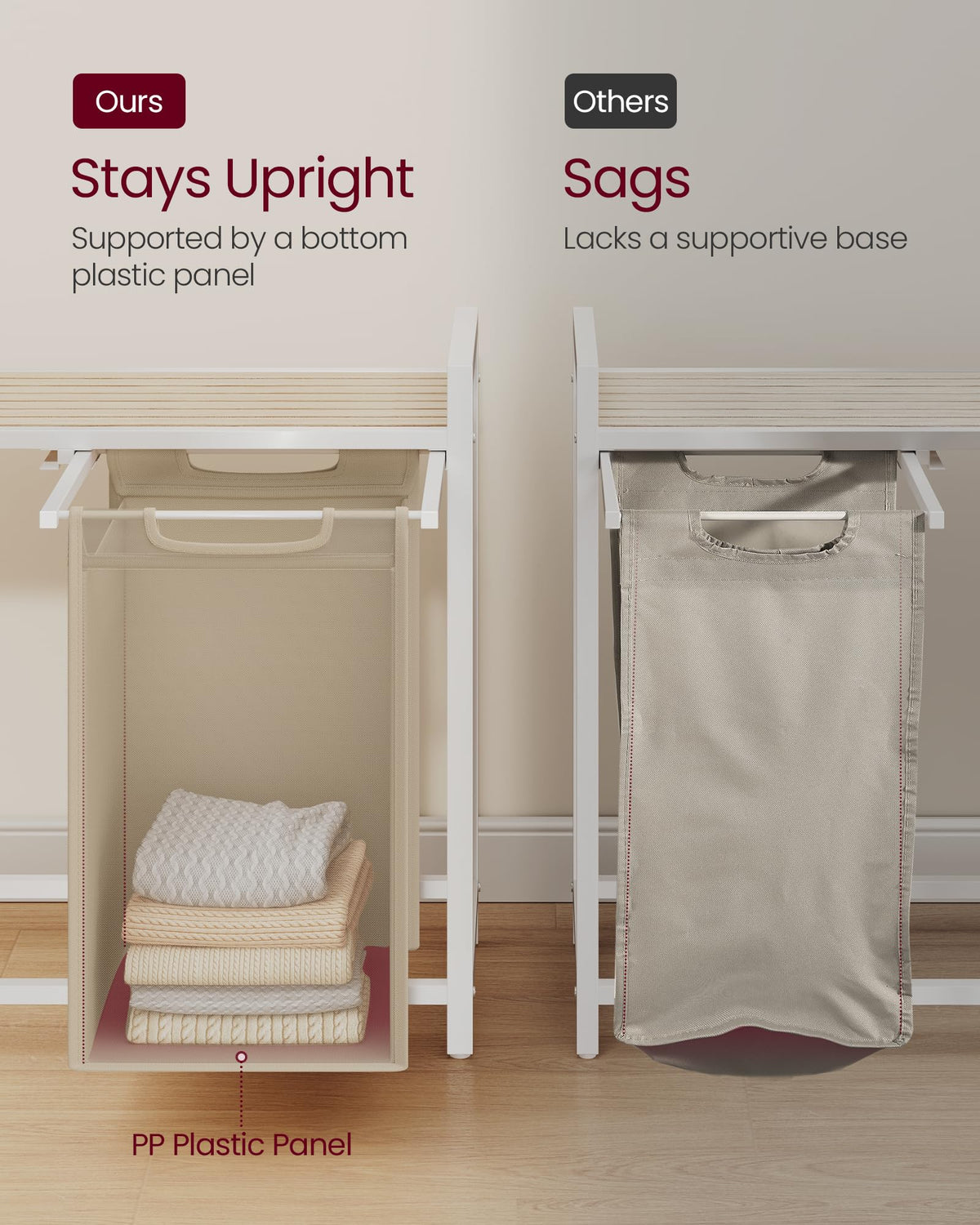 VASAGLE laundry hamper top-shelf-slats shows airflow to reduce odor.