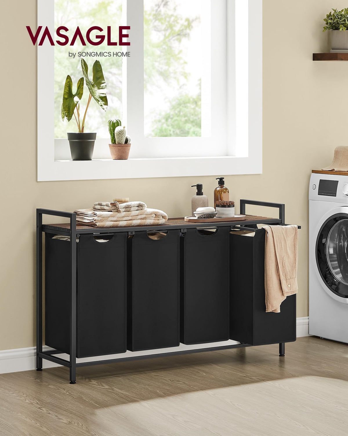VASAGLE laundry hamper top shelf highlights extra storage and airflow.
