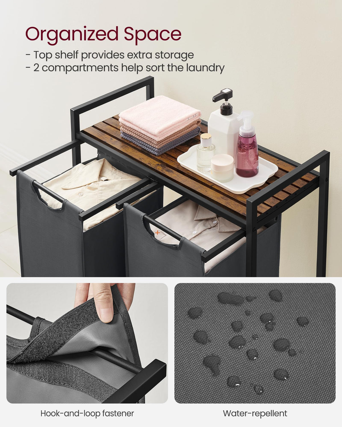 VASAGLE two-compartment sorter helps organized laundry by color or fabric.
