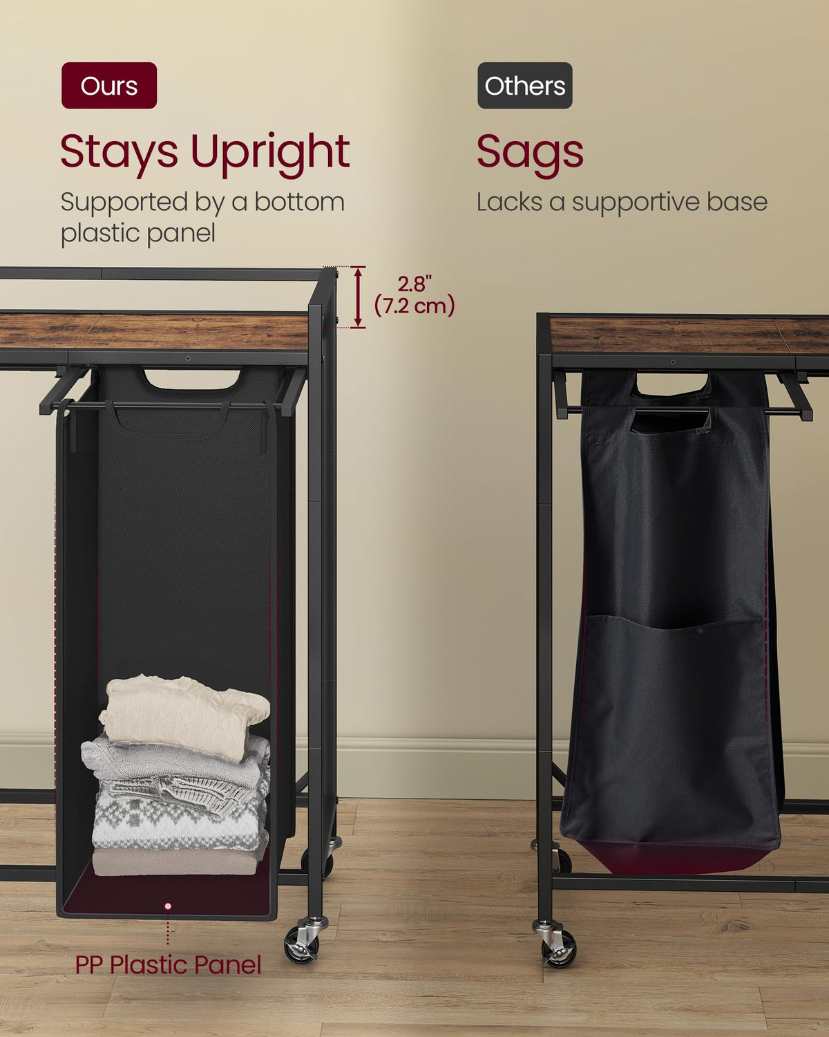 VASAGLE bottom-panel bags prevent sagging and keep laundry neat.
