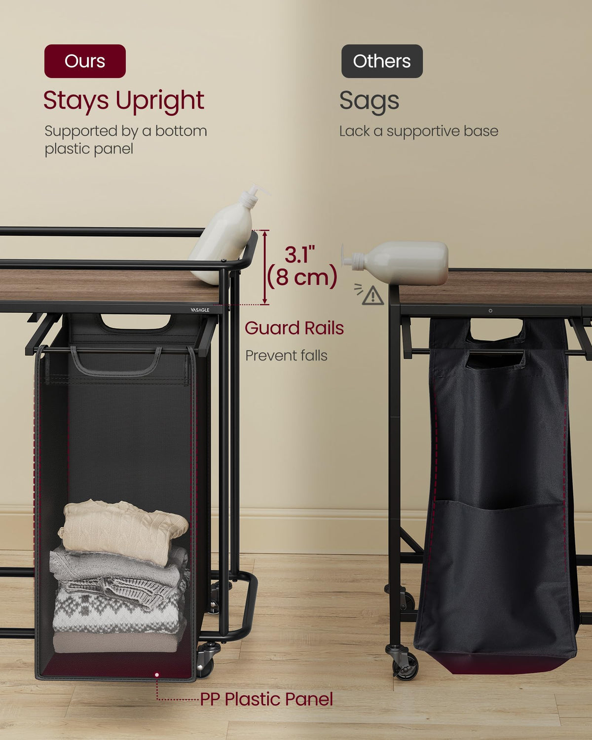 VASAGLE rolling cart with four casters and brakes.