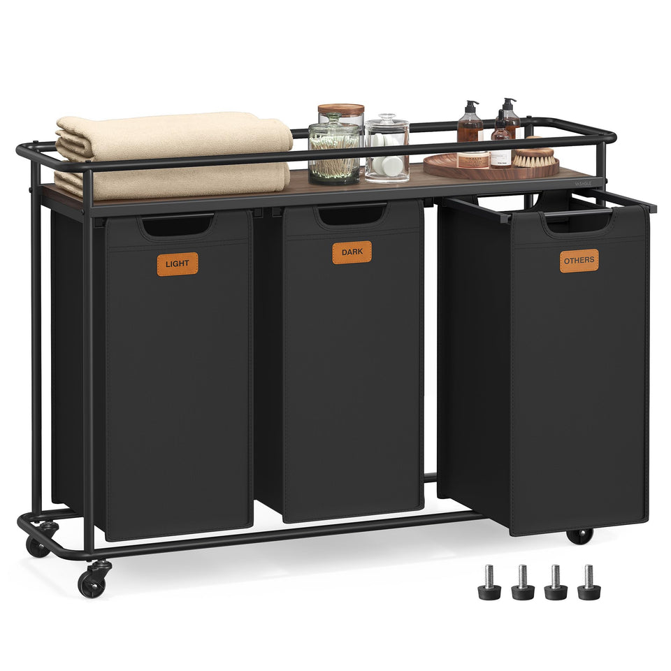 VASAGLE laundry sorter top shelf with detergent within easy reach.