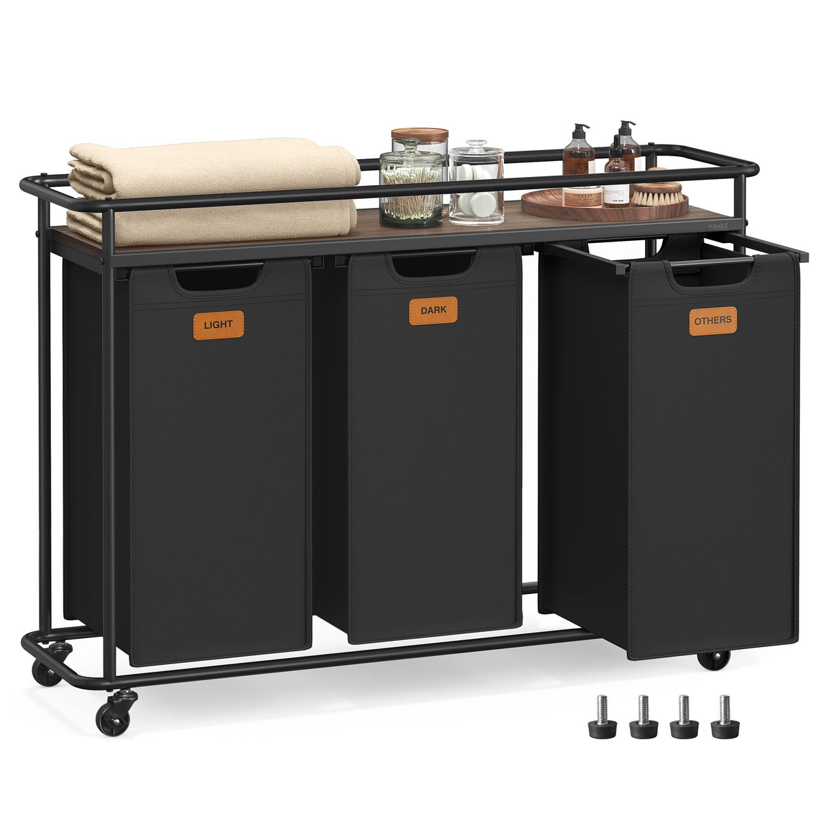 VASAGLE laundry sorter top shelf with detergent within easy reach.