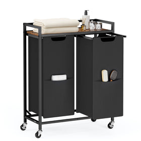 VASAGLE laundry sorter with guard rails on the top shelf for secure storage.