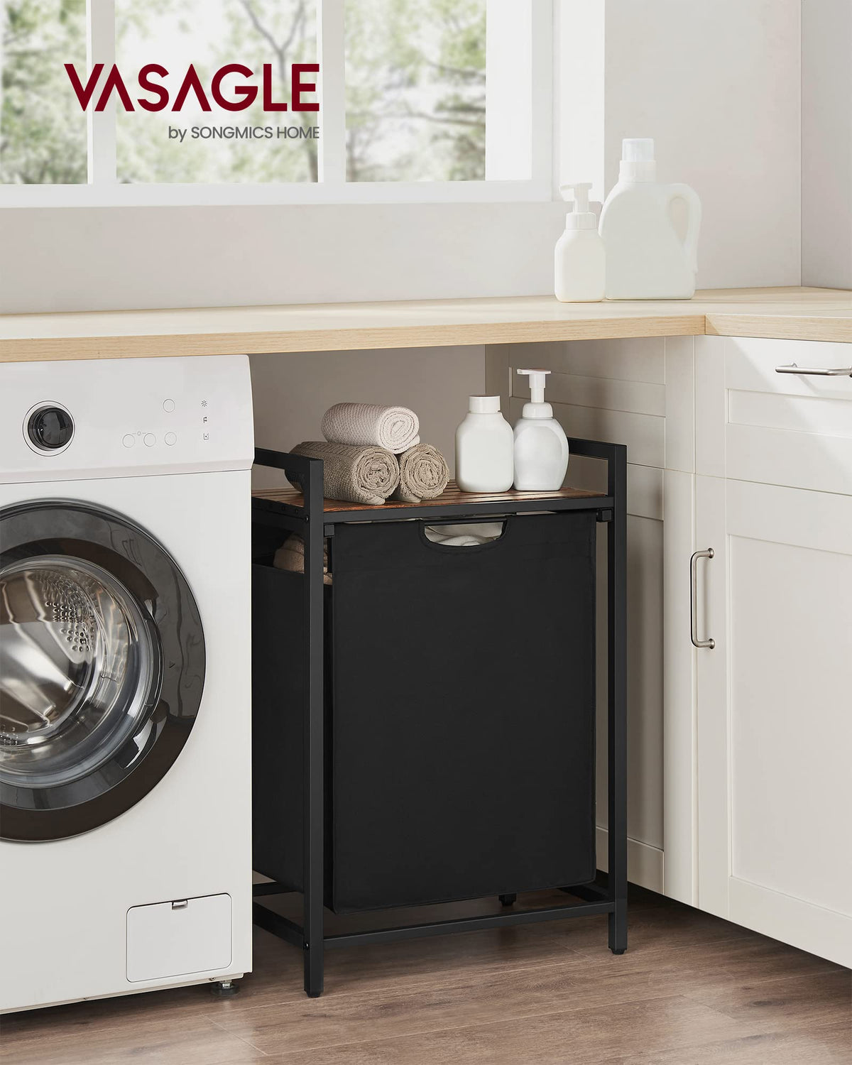 VASAGLE laundry sorter with built-in shelf for organized supplies