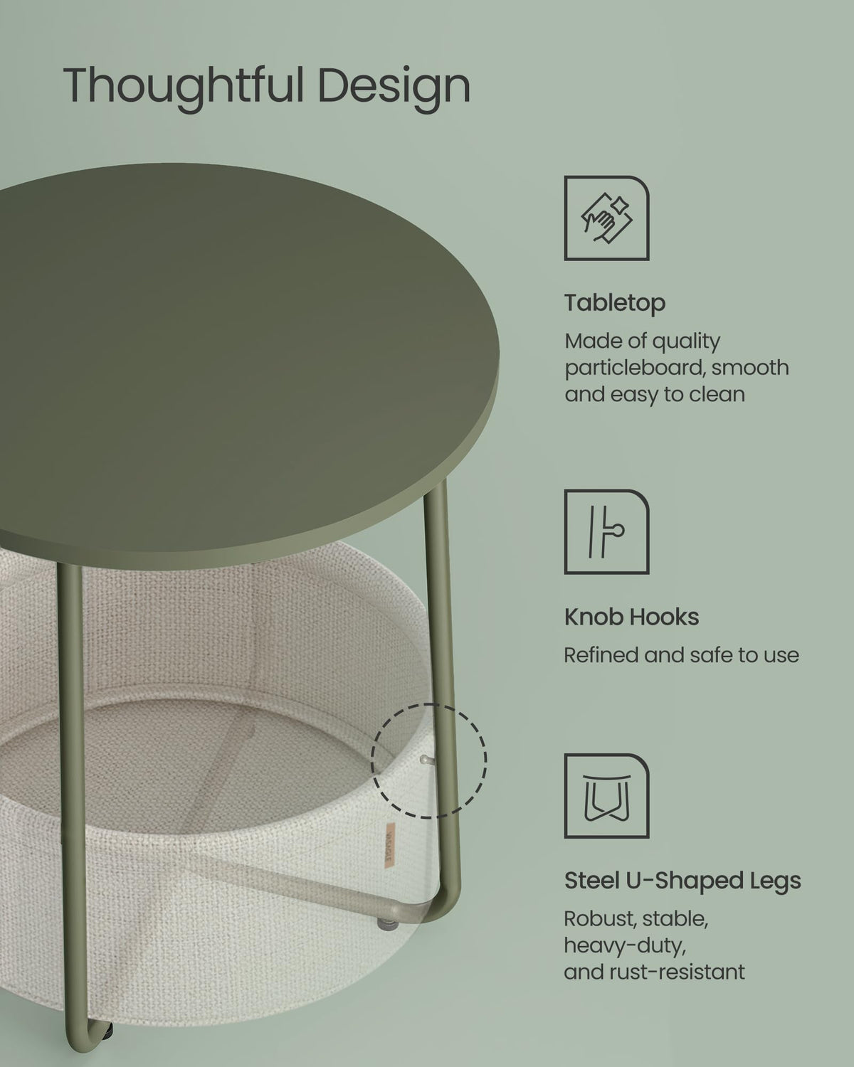 Adjustable feet protecting floors while keeping the table level.