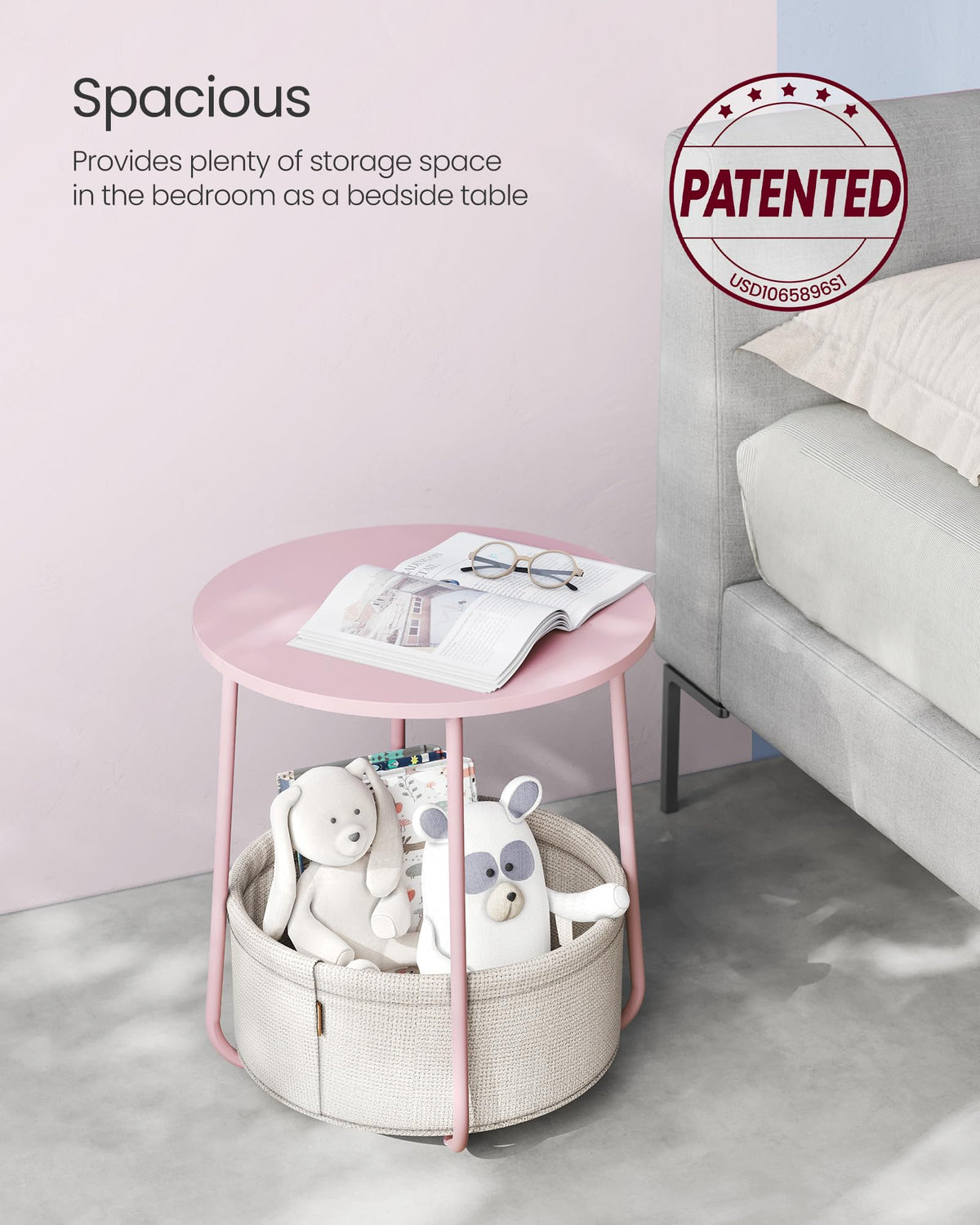 VASAGLE LILEA assembly steps showing quick setup for this round table with fabric basket.