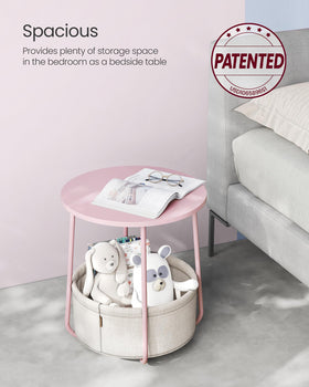 VASAGLE LILEA assembly steps showing quick setup for this round table with fabric basket.