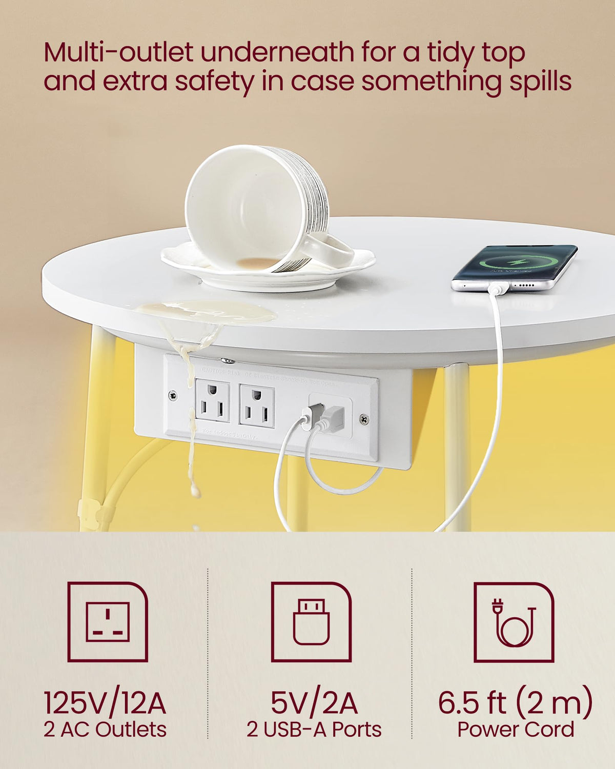 VASAGLE LILEA charging station image illustrates built-in outlets and USB ports for convenient device charging.
