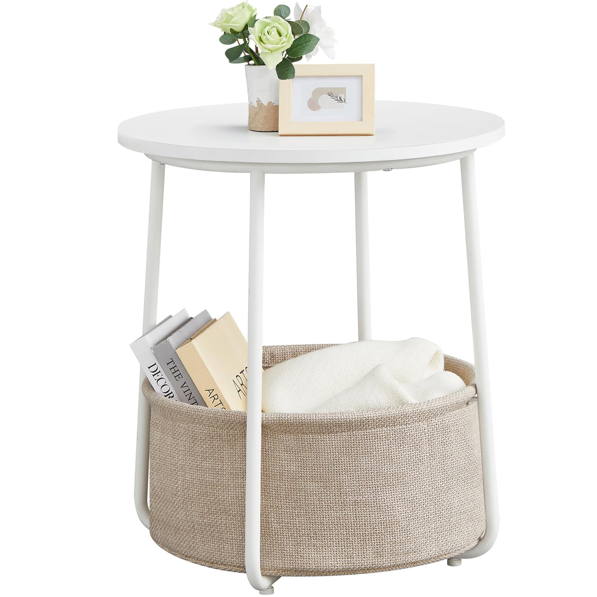 VASAGLE LILEA end table with round top and basket offers compact bedside storage.