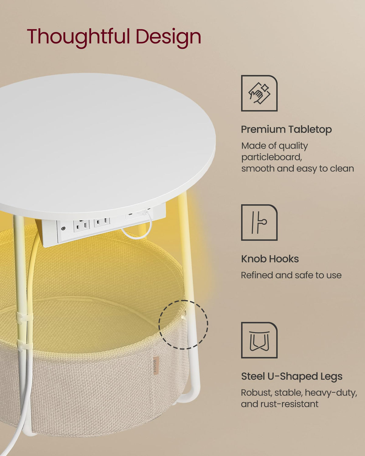 VASAGLE LILEA matte white camel tone highlights versatile style for living rooms and bedrooms.