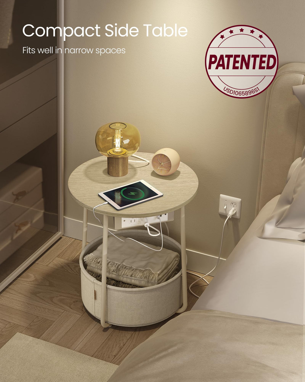 VASAGLE LILEA nightstand with USB ports for easy device charging.