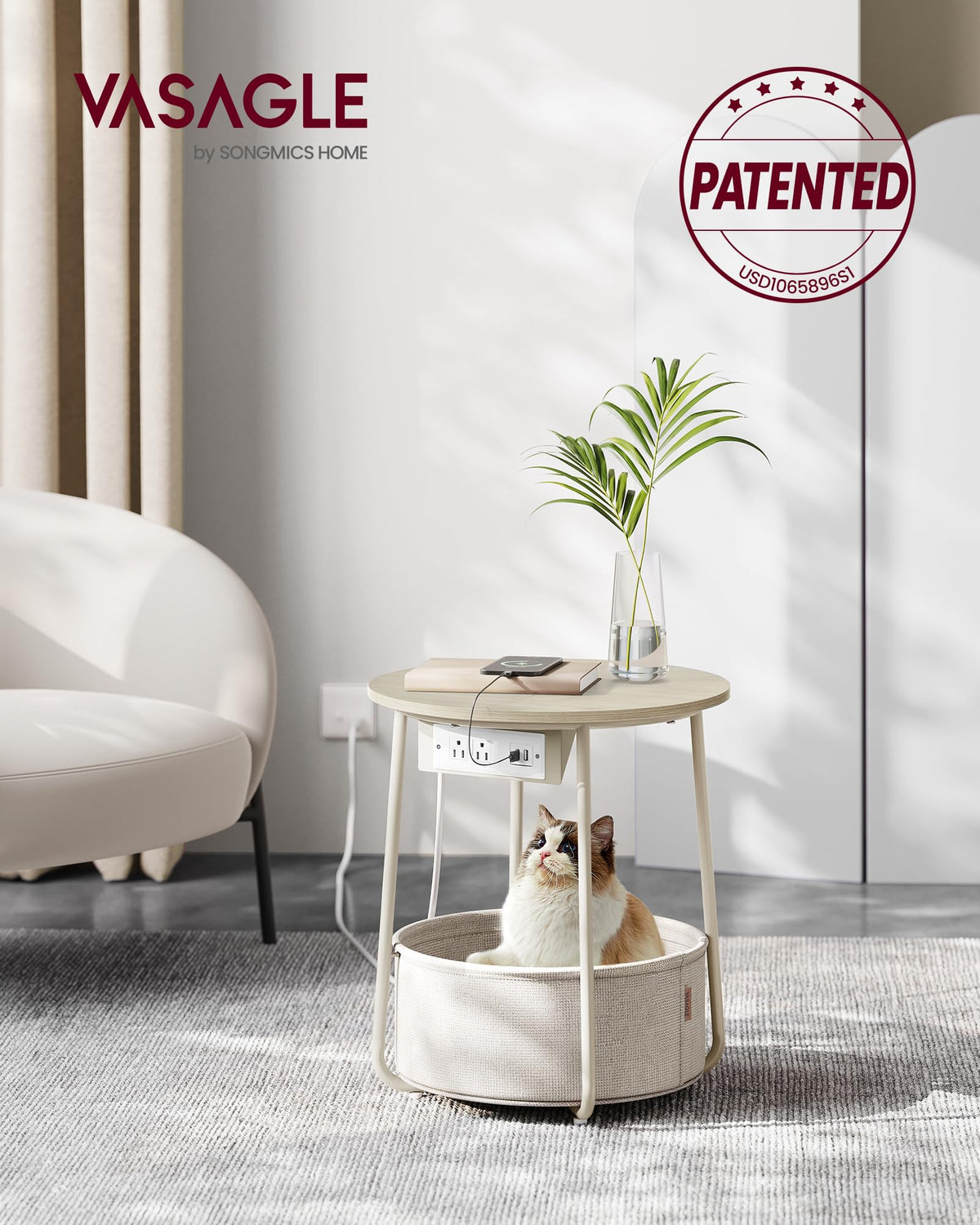 VASAGLE LILEA round end table with fabric basket adds hidden storage.