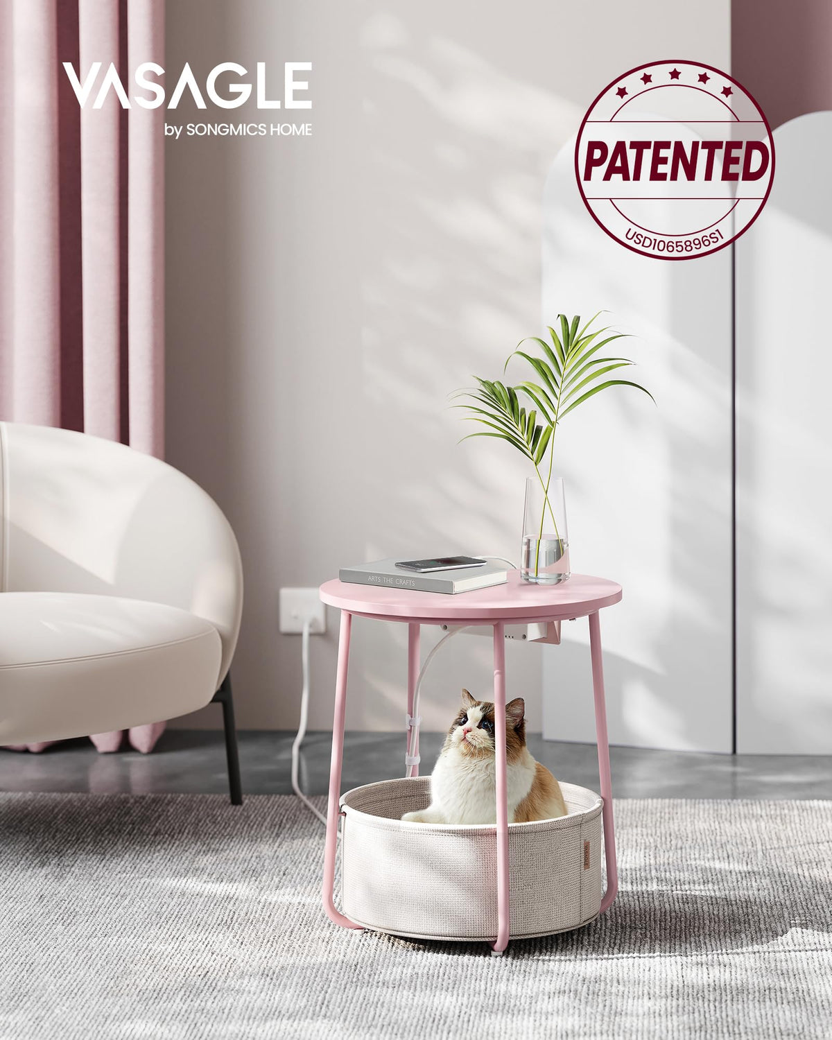 VASAGLE LILEA round side table charging station view shows USB ports.