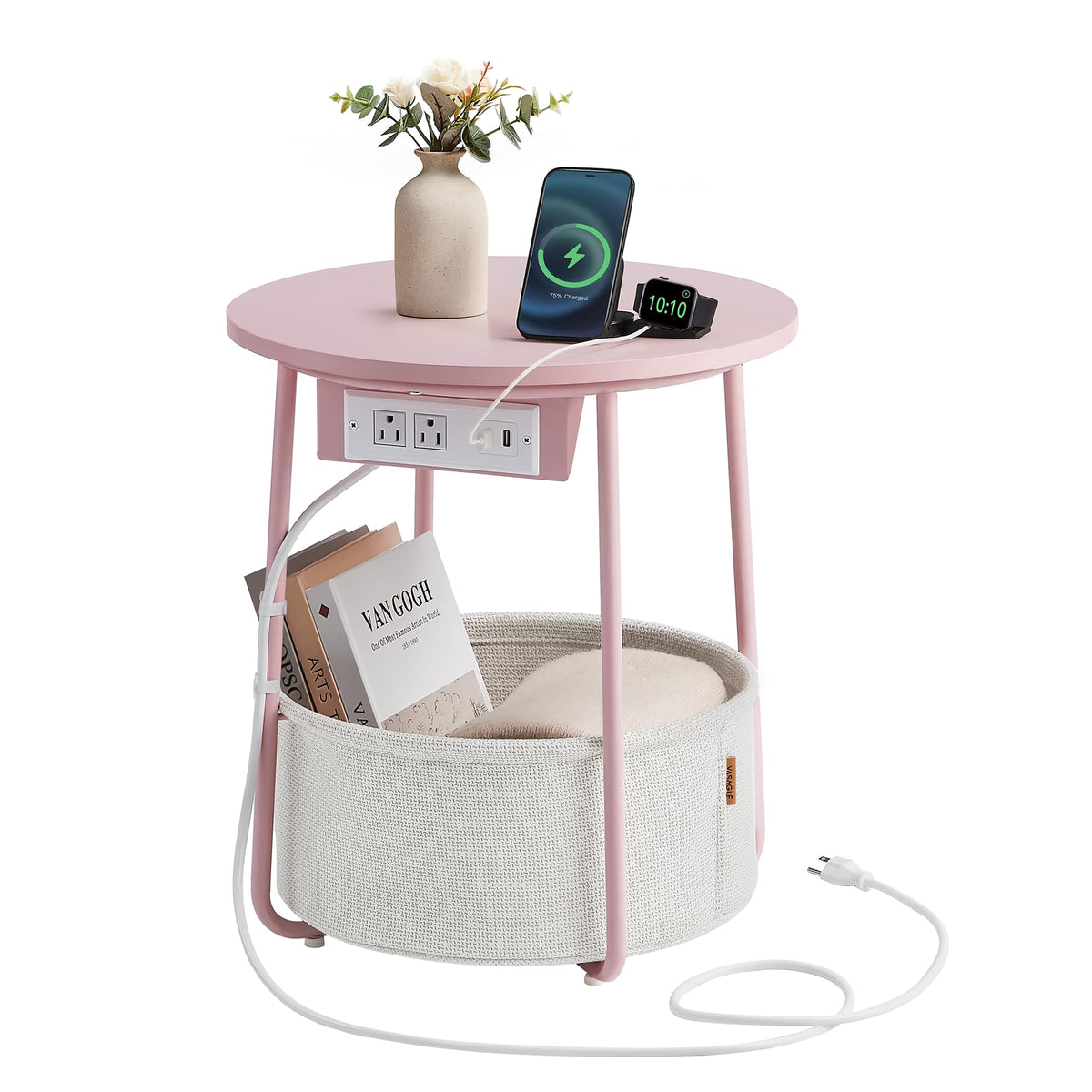 VASAGLE LILEA round side table with fabric basket closeup highlights storage and style.