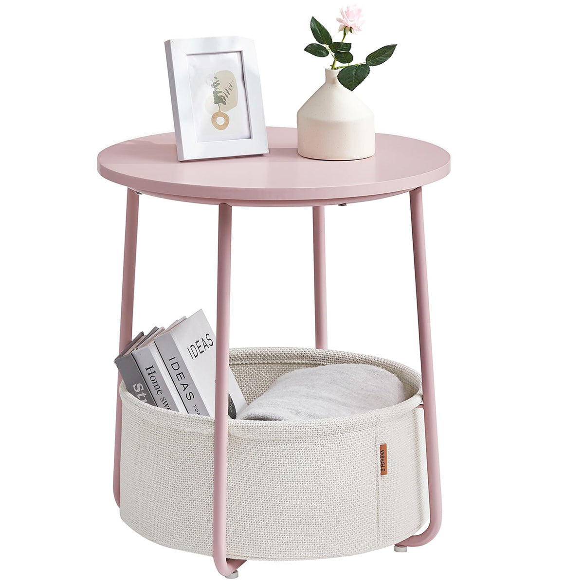 VASAGLE LILEA round side table with fabric basket in jelly pink and cream white for versatile bedside use.